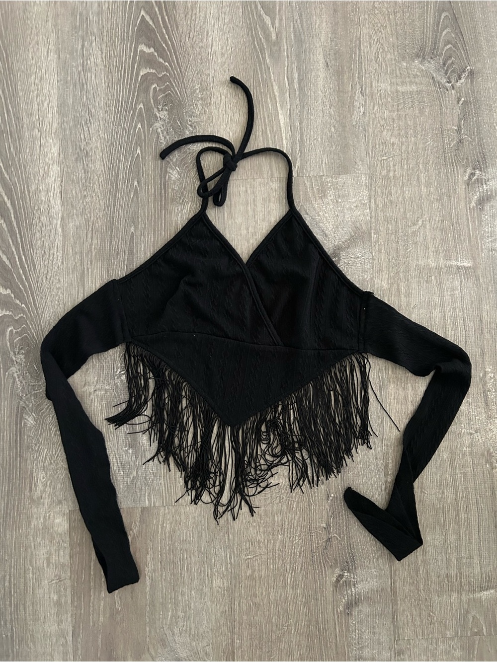 SHEIN Black Fringe Halter Crop Top with Long Sleeve Wrap